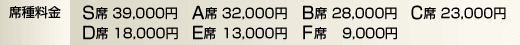 席種料金　S席39,000円　A席32,000円　B席28,000円　C席23,000円　D席18,000円　E席13,000円　F席9,000円