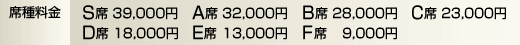 席種料金　S席39,000円　A席32,000円 B席28,000円　C席23,000円　D席18,000円　E席13,000円　F席9,000円